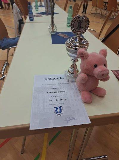 Eine Urkunde für den zweiten Platz in einem Hobbyturnier in Bayern, zusammen mit einem Pokal und einem rosa Plüschschwein.